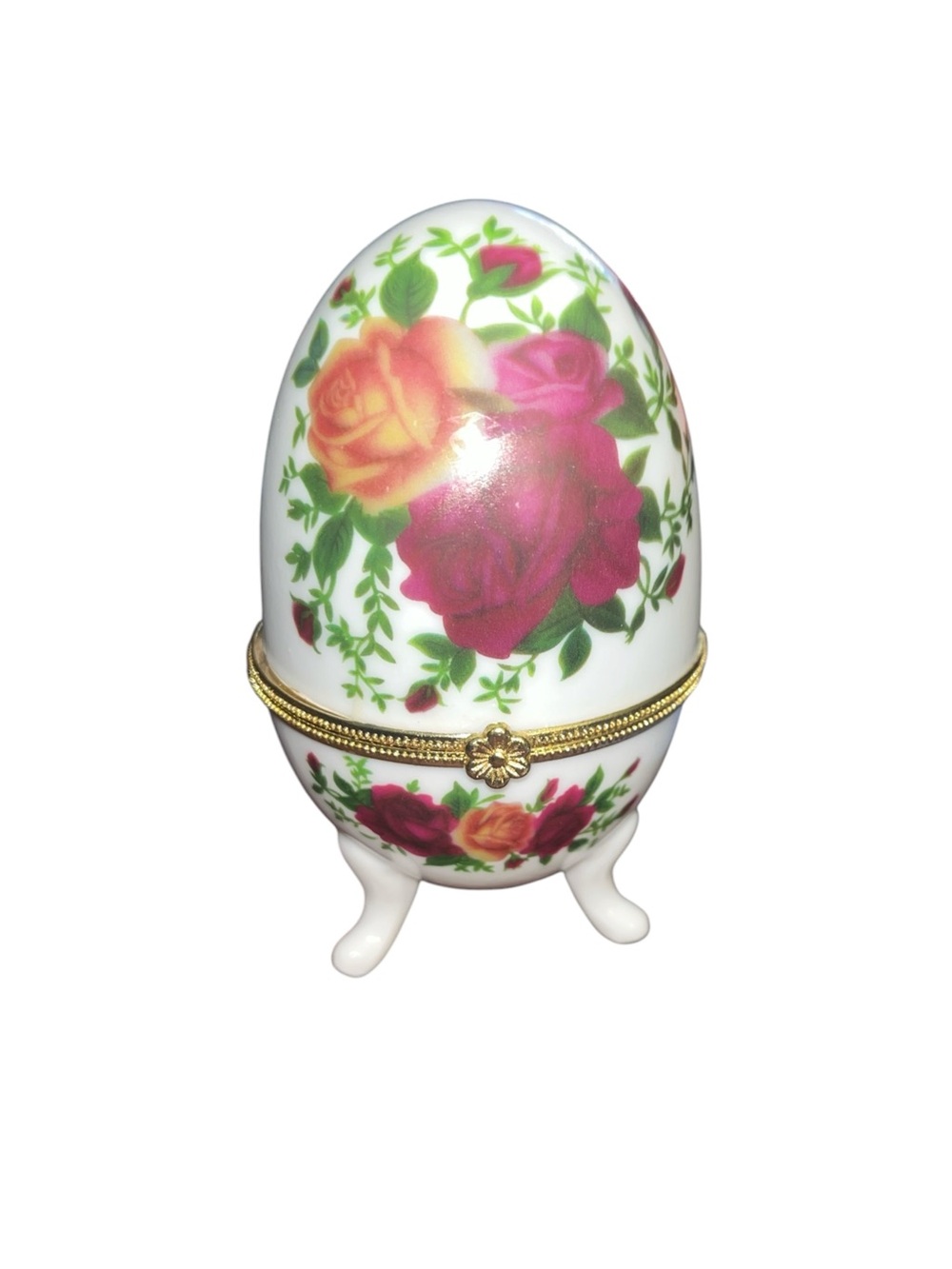 Vintage Floral Decorative Egg Trinket Box - White with Pink & Orange Roses